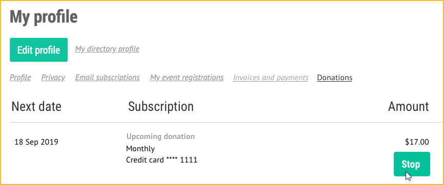 Member profile stop recurring donation