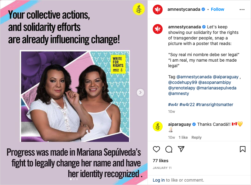 Instagram for Nonprofits example - Amnesty